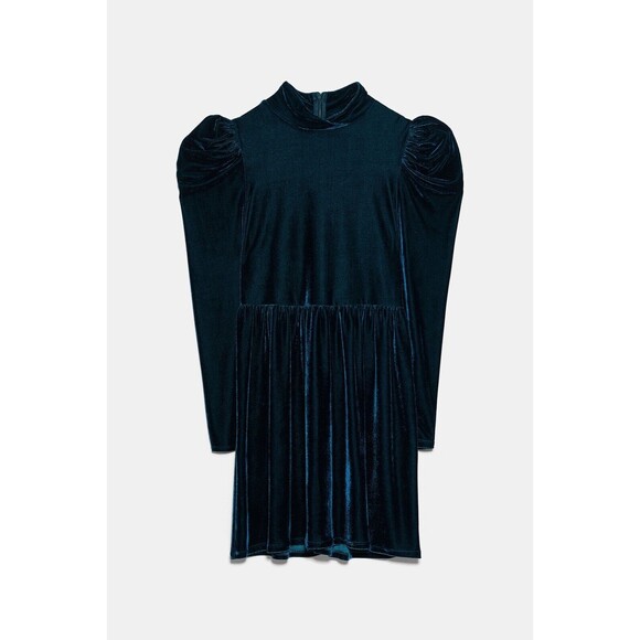 ZARA Green Velvet Puff Shoulder Dress - S - Picture 2 of 7